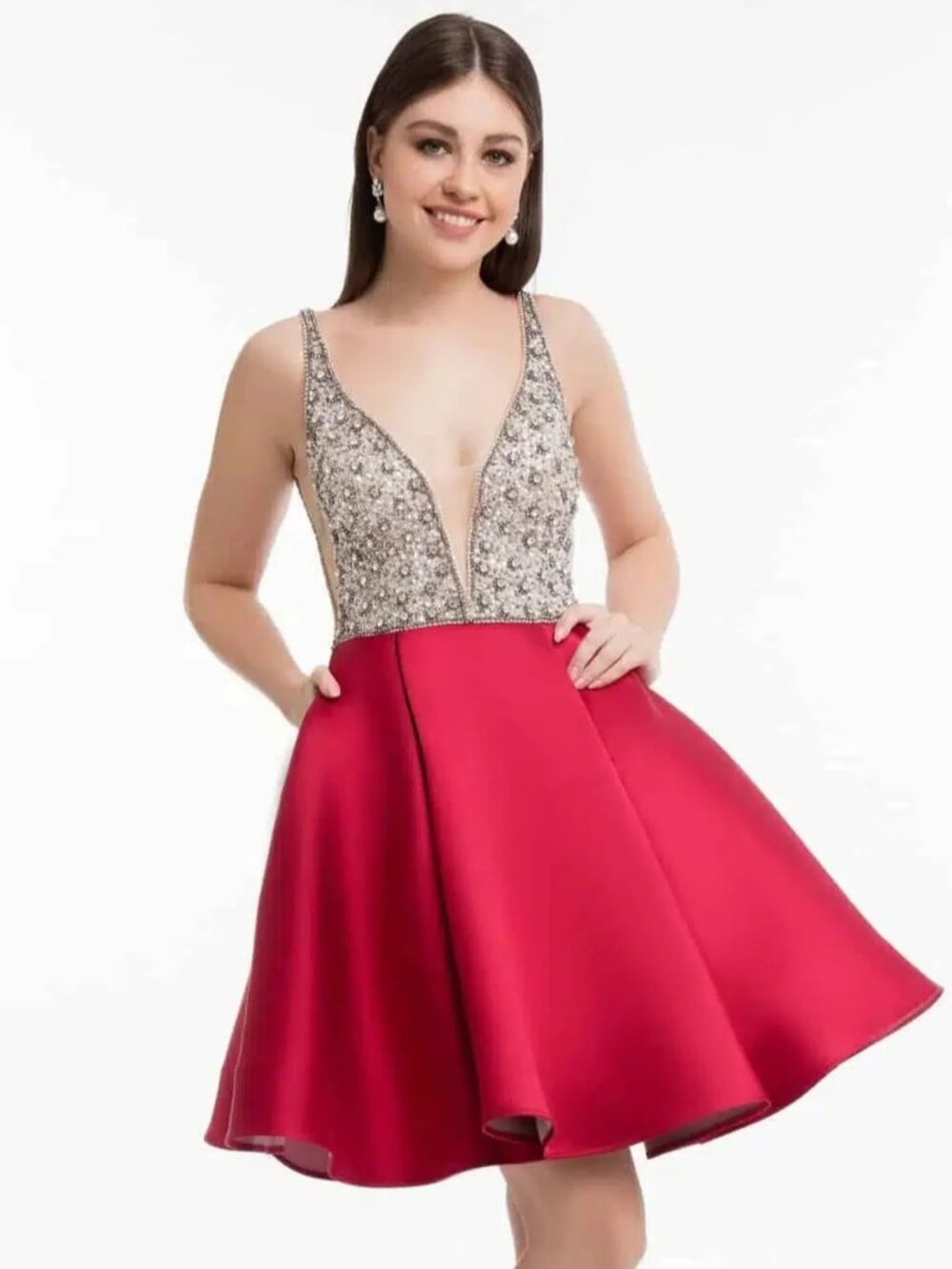 Hebeos Size S  A-Line Princess Satin Beading V-Neck Sleeveless Mini Party Dress